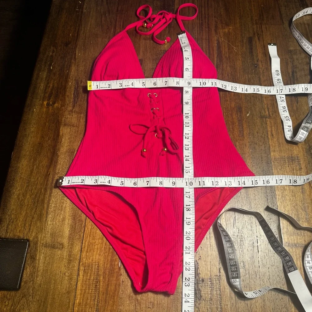 EUC Bongo Pink Ribbed Plunge Lace-Up One Piece‎ Swimsuit Size Large